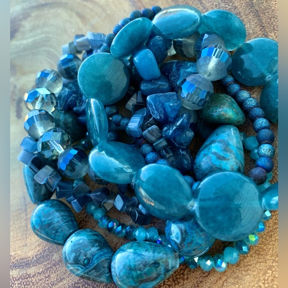 Natural Blue Gray Apatite, Jasper & Moonstone Gemstone Mix Bead Bracelet Stack - Picture 7 of 13